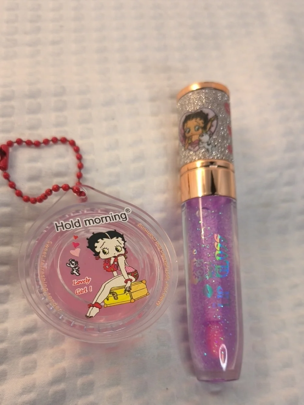 Glittery Purple Lip Gloss Duo  with Betty Boop Keychain